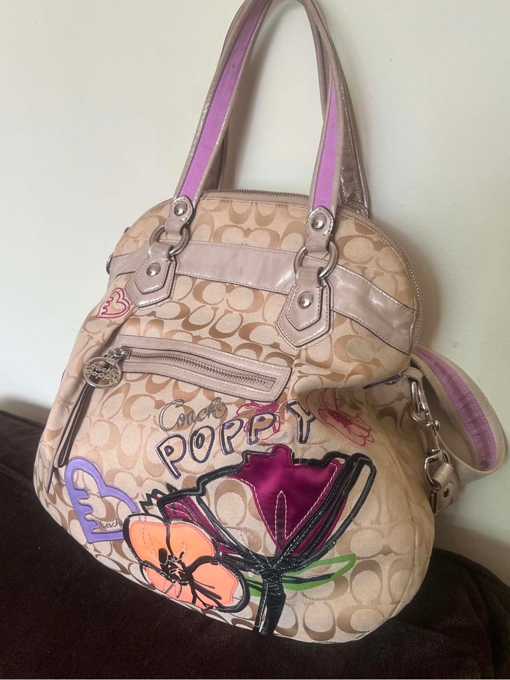 Coach Beige Signature Canvas Hobo with Pink and Purple Floral Accents - Picture 3 of 14
